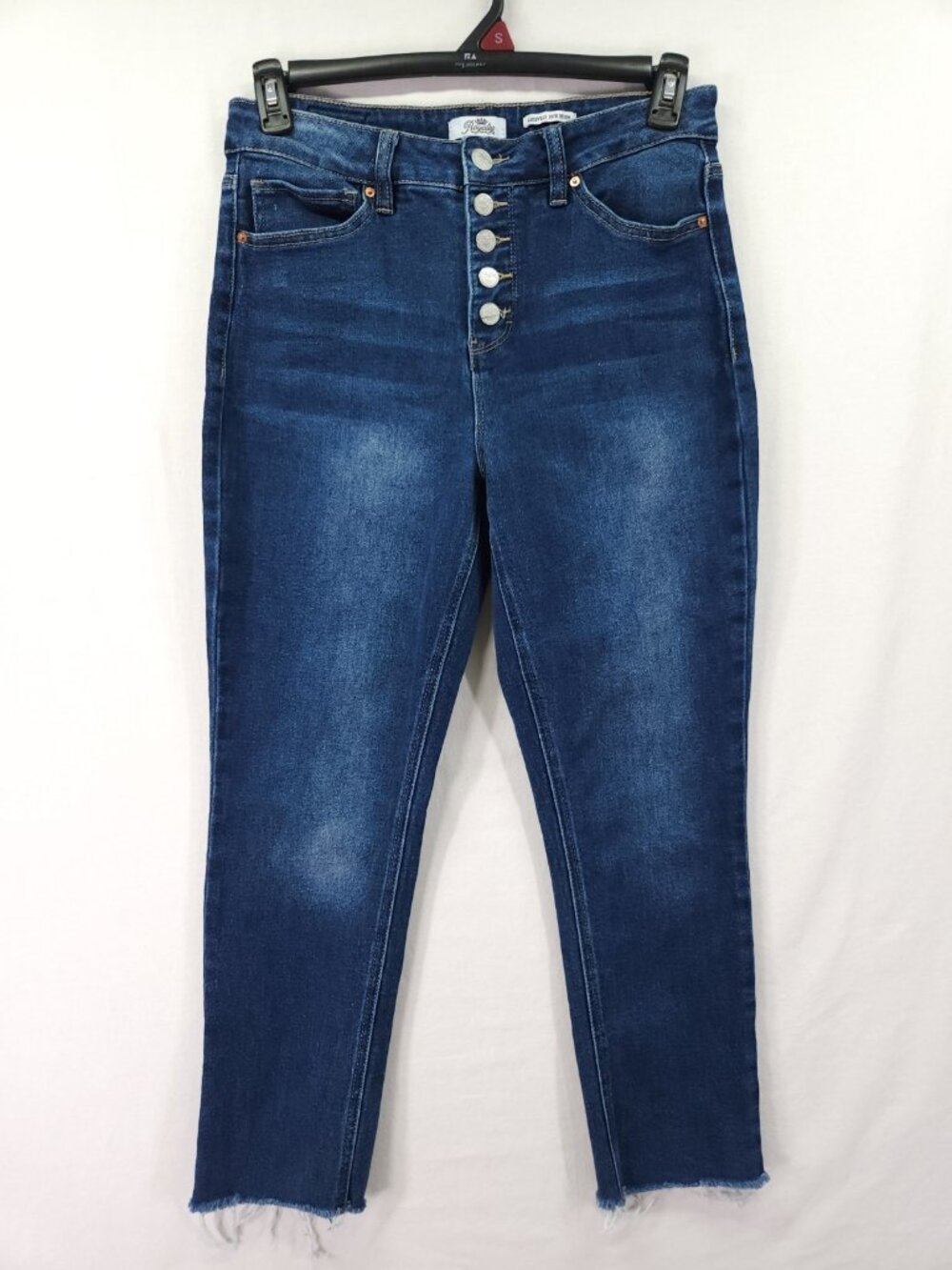 Royalty For Me Womens 12 High Rise Straight Jeans Button Fly Raw Hem Blue Denim